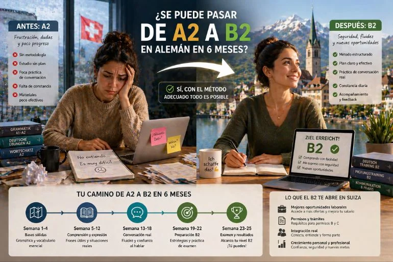¿Se puede pasar de A2 a B2 en alemán en 6 meses? Datos reales (2026)